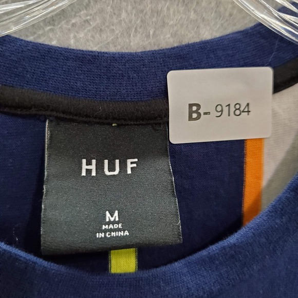 Huf Men Shirt M Blue Striped Logo Embroidered Short Sleeve Crew Neck - Picture 7 of 8